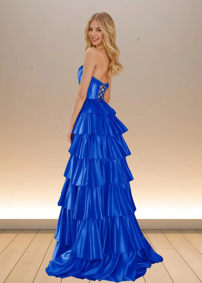 Adele | Yellow Satin Strapless Beaded Ruffle Formal Dress with Slit - Royal Blue - PromDressClub