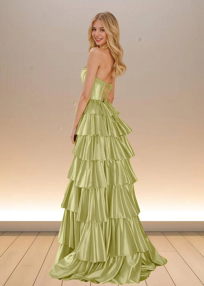 Adele | Yellow Satin Strapless Beaded Ruffle Formal Dress with Slit - Sage - PromDressClub