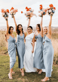 Yetta | Fashion Pleated Grey Blue Halter Satin Long Bridesmaid Dresses with Slit A Line - Grey Blue - PROMDRESS Club