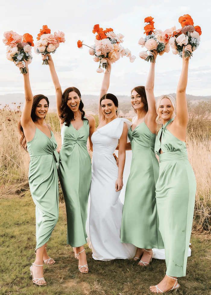 Yetta | Fashion Pleated Grey Blue Halter Satin Long Bridesmaid Dresses with Slit A Line - Price #price_variant_lowest# - Sage - PromDressClub