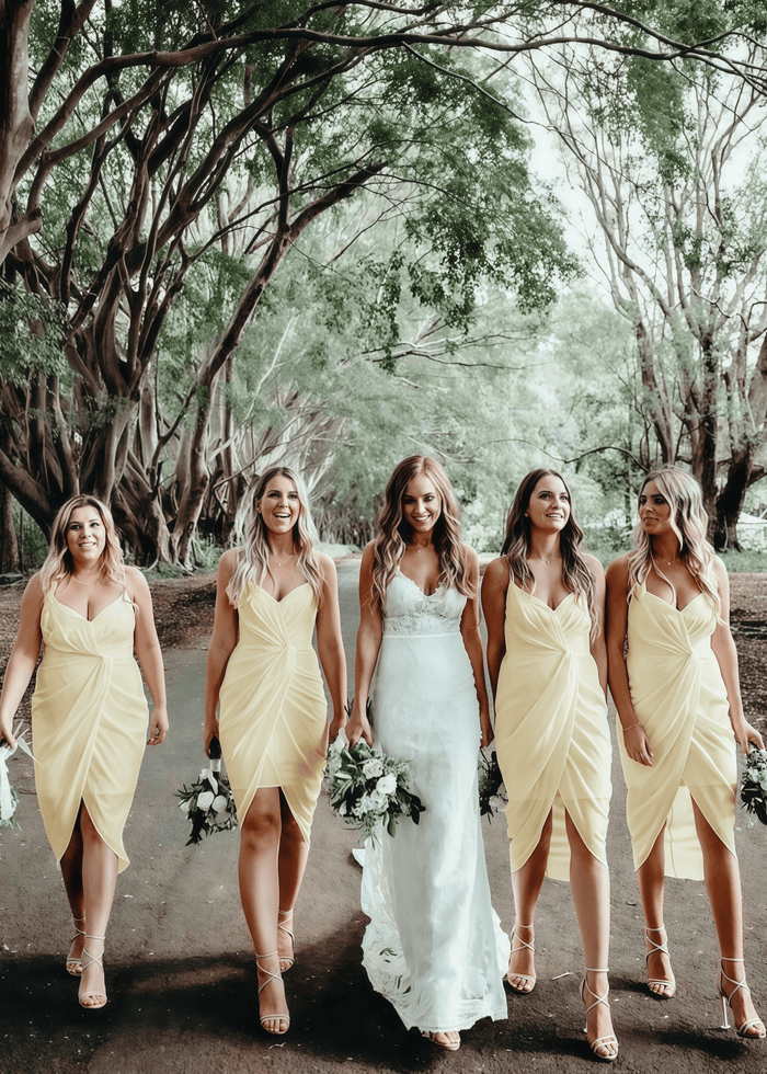 Yvette | Chic Sheath Pleated White Chiffon Midi Bridesmaid Dress with Spaghetti Straps and V - Neck - Price #price_variant_lowest# - Pale Yellow - PromDressClub