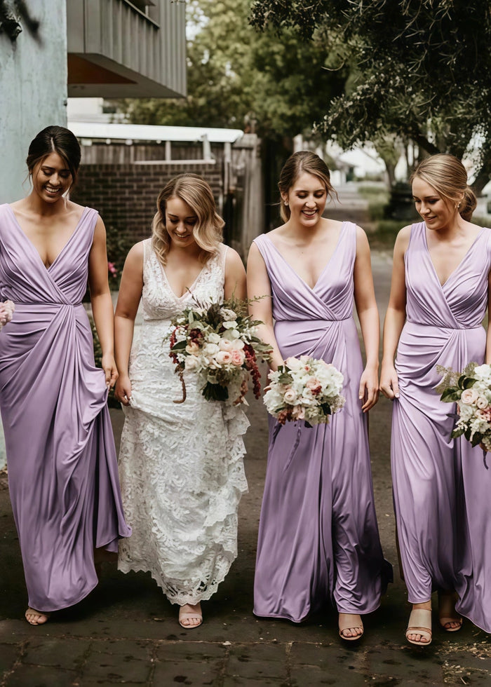 Yvonne | Amazing Pleated Pink Chiffon Maxi Bridesmaid Dress with V - Neck and Sleeveless - Price #price_variant_lowest# - Lavender - PromDressClub