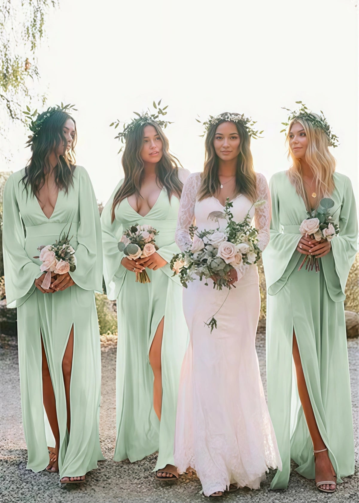 Zara | Boho Long Sleeves Light Pink Chiffon Maxi Bridesmaid Dress with A - Line and Deep V Neck - Sage - PROMDRESS Club