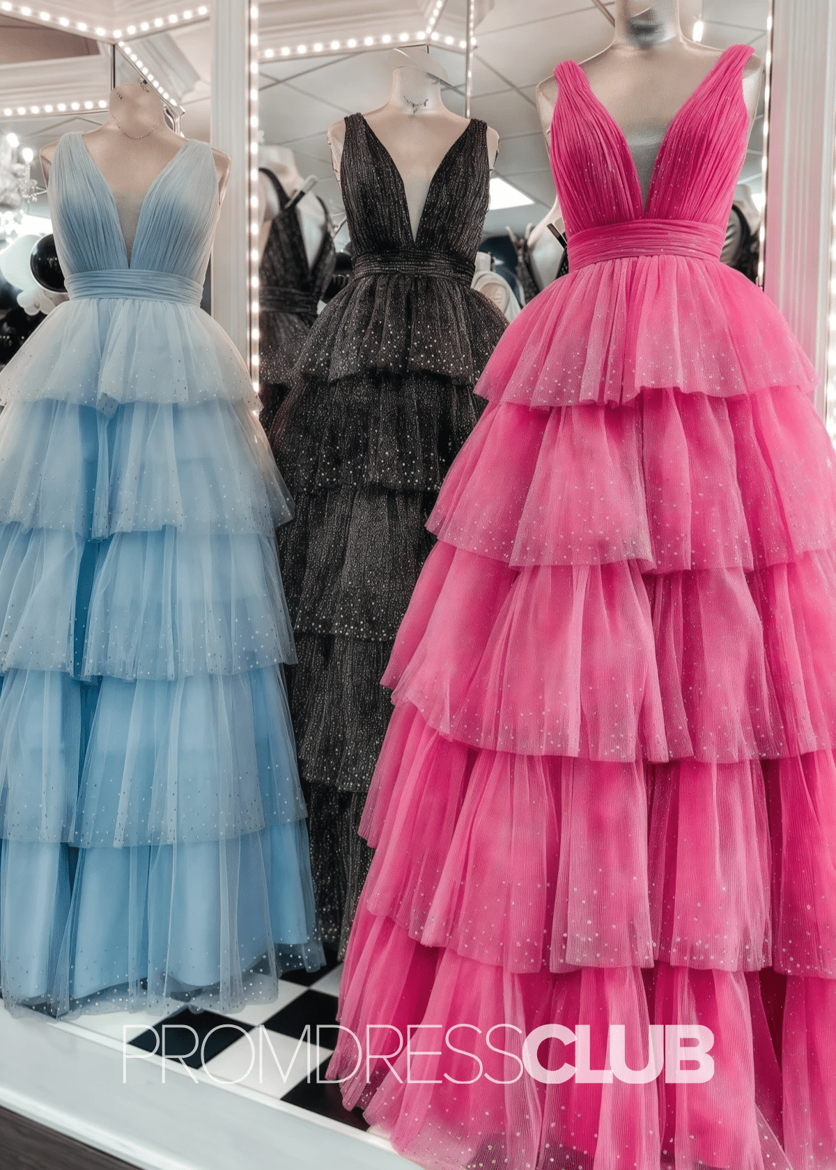 Zara |Dress for Prom Black Long A Line Tulle Sequin V - Neck Ruffle Tiered - Hot Pink - PromDressClub