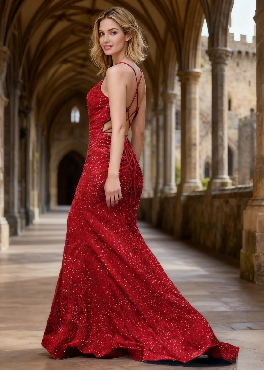 Zara Red Velvet Sequins Prom Dress | Sheath Fitted Spaghetti Straps V - Neck Backless Pleated Dress with Slit - US0 - PromDressClub