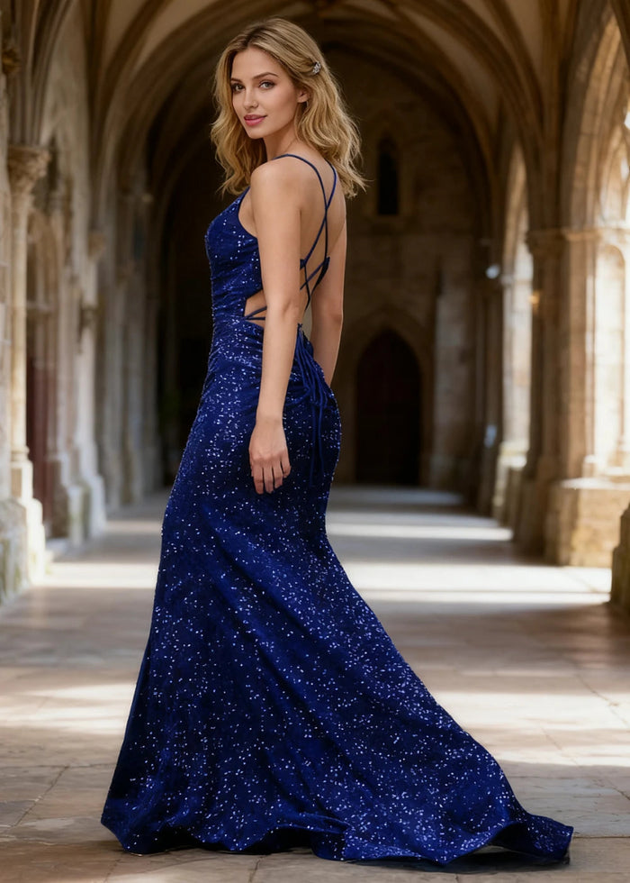 Zara Royal Blue Velvet Sequins Prom Dress | Sheath Fitted Spaghetti Straps V - Neck Backless Pleated Dress with Slit - US0 - PromDressClub