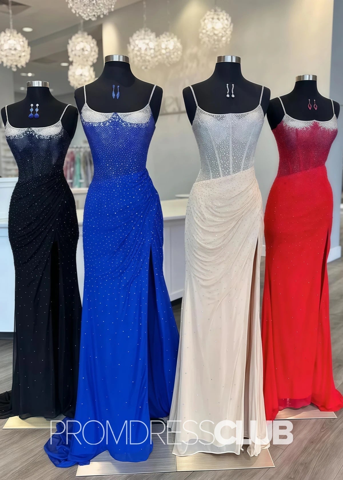 Zona |Prom Dresses Red Long Mermaid Spaghetti Straps Beaded with Slit - Champagne - PromDressClub